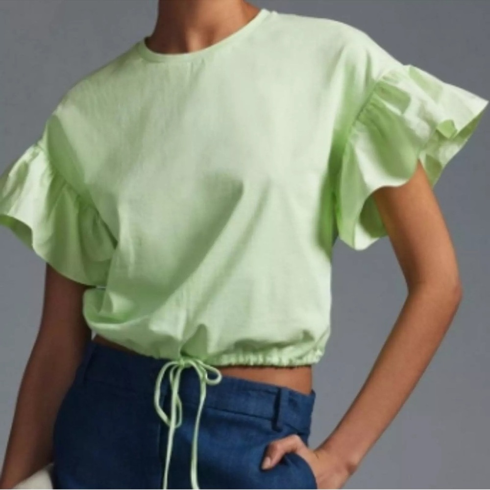 Anthropologie Maeve English Factory Green Ruffled Drop-Shoulder Top, size S